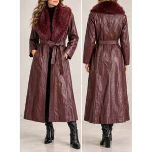 Vintage The Leather Warehouse Burgundy Leather Trench Coat Faux Fur Collar Belt